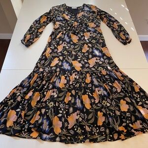 Olivia James Lydia Midi Dress Split V-Neck Black Fall Floral Size Small